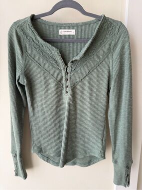 Lucky Brand Sage-Green Ribbed Knit Henley Top with Lace Details - Small
